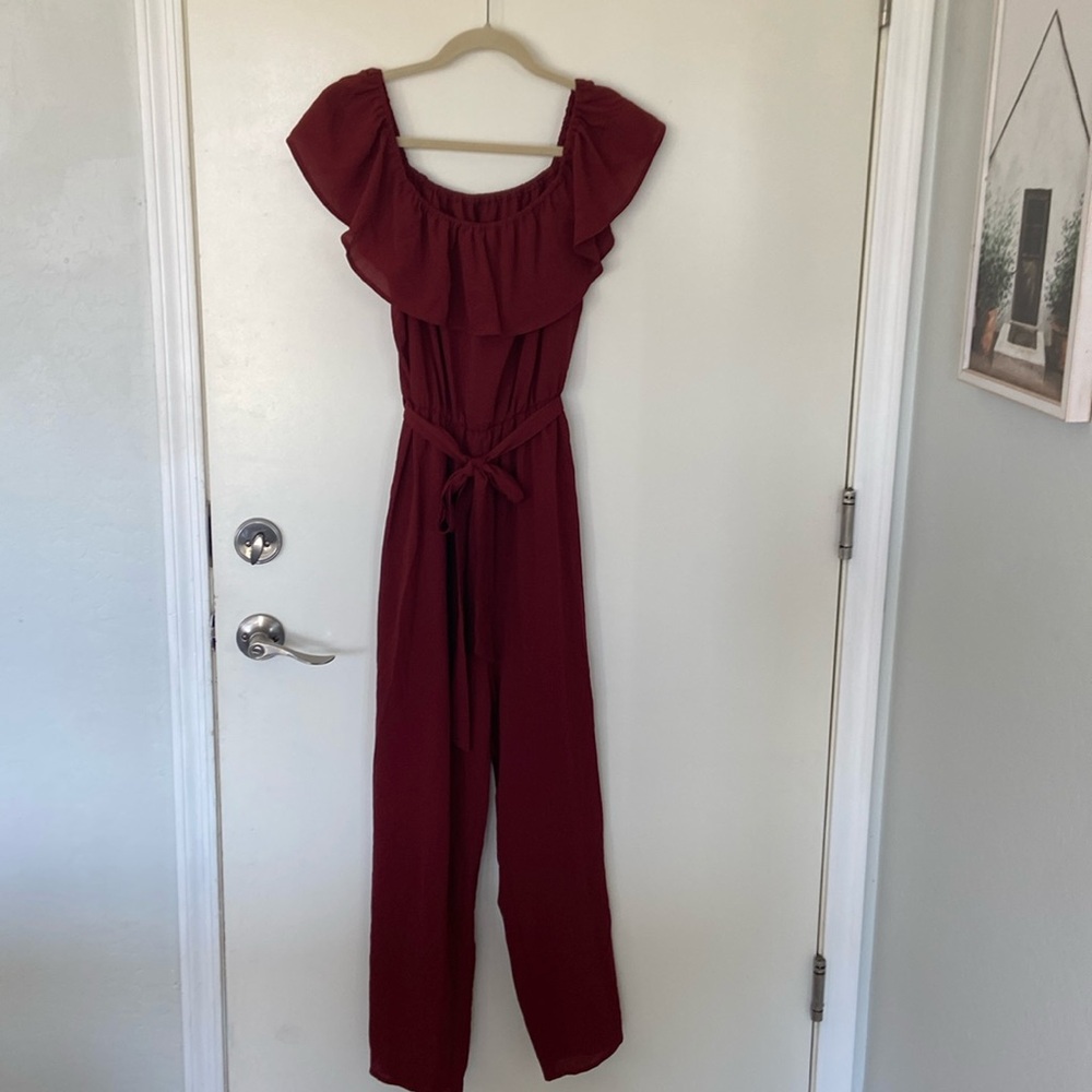 SHEIN Burgundy Off-Shoulder Ruffle Jumpsuit